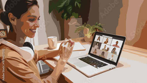 Woman learning new skills through online video conference on laptop with multiple participants with online learning and remote learning and education