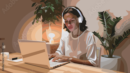 Woman working remotely on laptop with headphones in a cozy home office environment with plants and soft lighting with remote work and productivity