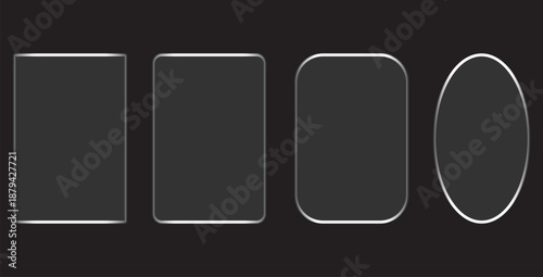 Collection of four distinct rectangular and oval placeholder shapes featuring subtle metallic silver borders over a stark black background ideal for user interface mockups