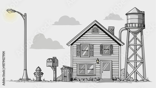 Suburban House Scene with Water Tower and Streetlight.