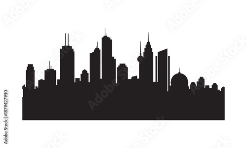 City skyline silhouette, diverse building architecture.
