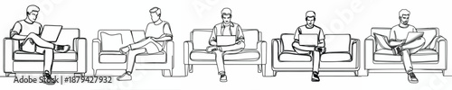 vector line art man sitting on sofa with laptop