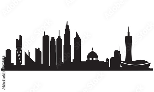 Futuristic city skyline silhouette, unique architecture.