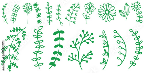 Collection of hand drawn green botanical elements featuring various stylized leaves vines flowers and dandelion seed heads for natural design projects