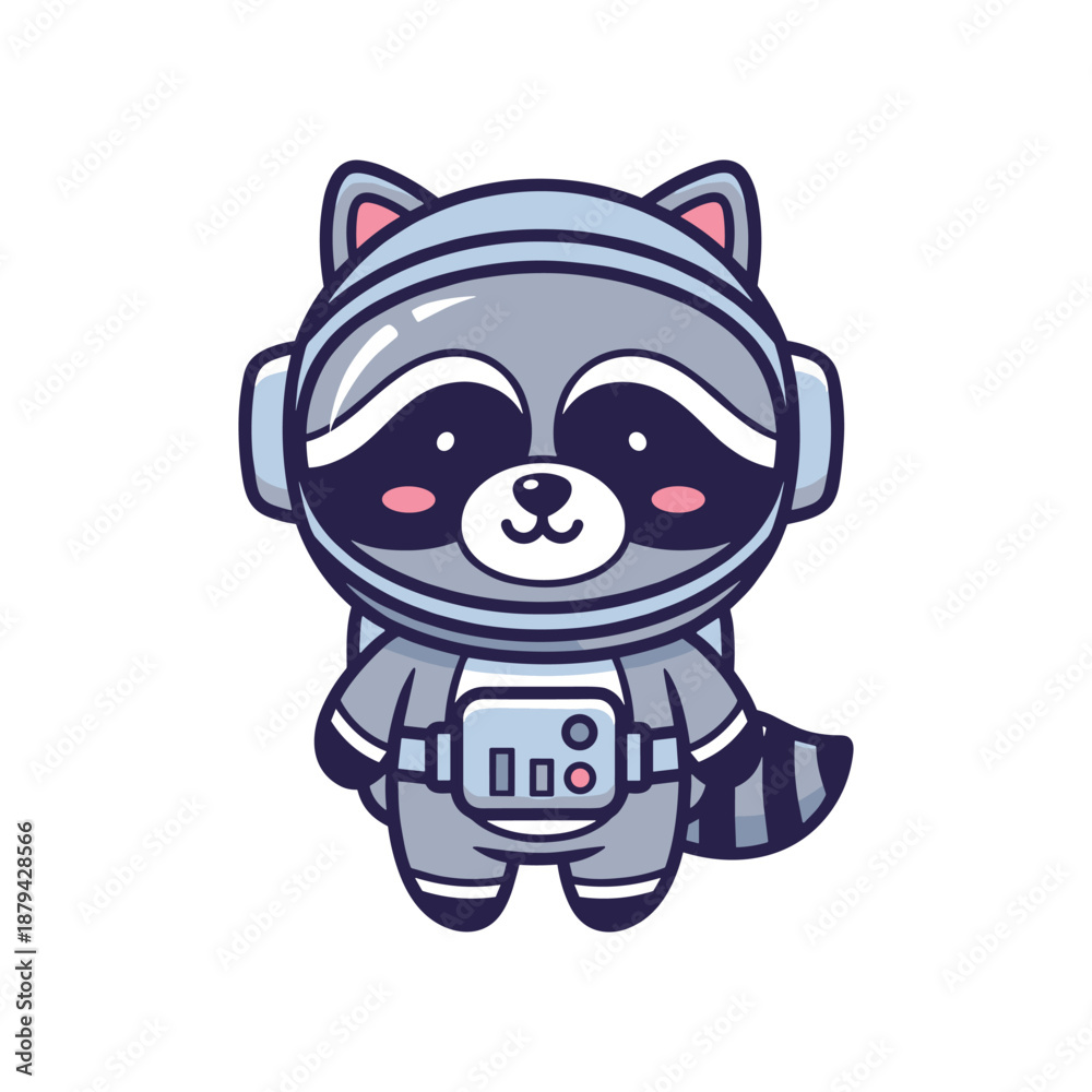 Obraz premium Cute cartoon raccoon astronaut in space suit with copy space