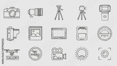 Collection of photography equipment and symbols line art.