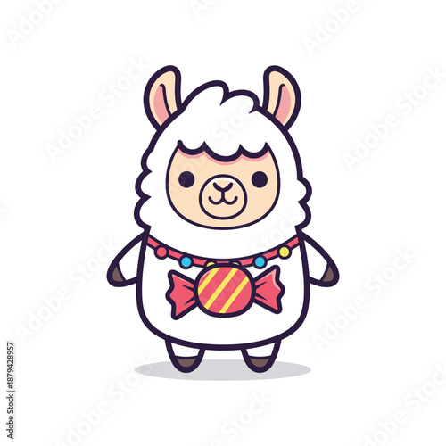 Cute cartoon llama with Christmas decoration and ornaments on white background