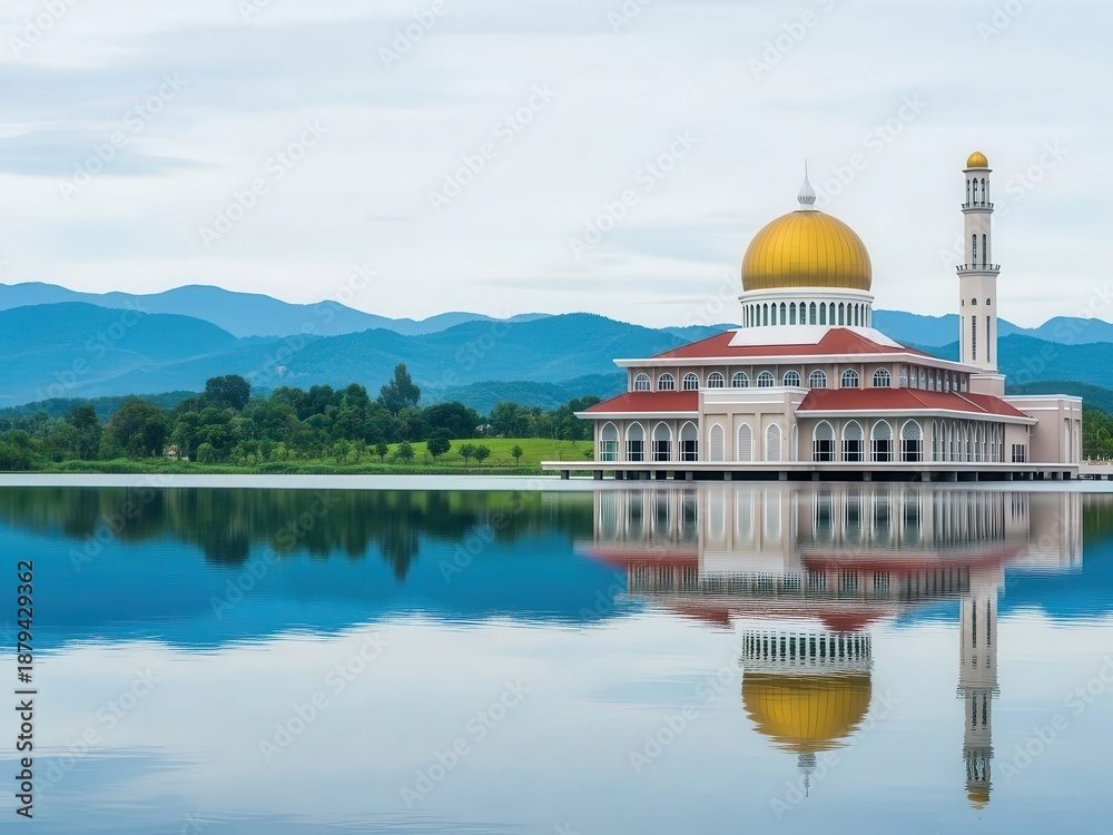 Fototapeta premium Beautiful Mosque Reflection on Lake with Gold Dome, Islamic Architecture
