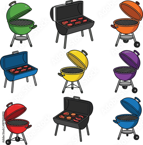 Colorful barbecue grill set illustration, outdoor cooking equipment collection with charcoal grills, picnic and barbecue concept isolated white background