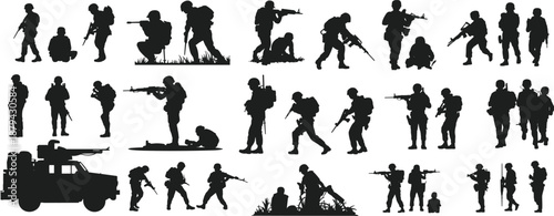Military soldier silhouettes set, armed forces combat patrol actions, tactical poses with rifles vehicles, black vector illustration isolated on white background