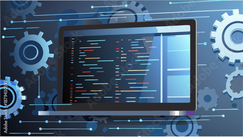 Flat vector illustration of computer monitor displaying coding screen with colorful lines on dark background surrounded by gears and lines with technology
