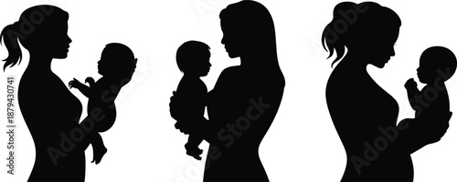 Mother and baby silhouette vector illustration, loving motherhood bonding concept with woman holding infant isolated on white background