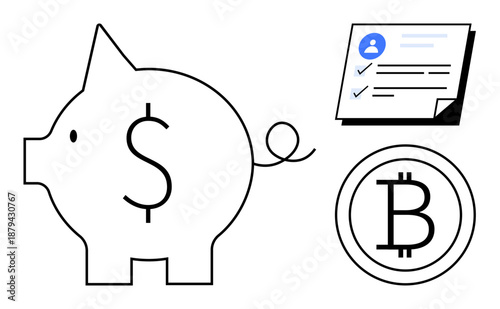 Piggy bank with dollar sign, Bitcoin icon, and a checklist signifying savings, cryptocurrency, and task completion. Ideal for finance, cryptocurrency, investments, digital economy personal funds