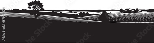 Monochrome landscape of rolling hills and silhouetted tree alone