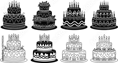 PrintCollection of birthday cake silhouettes and line art icons isolated on white background set of tiered party desserts with candles for celebration graphic design