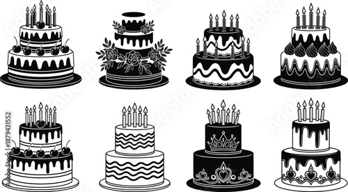 PrintCollection of birthday cake silhouettes and line art icons isolated on white background set of tiered party desserts with candles for celebration graphic design