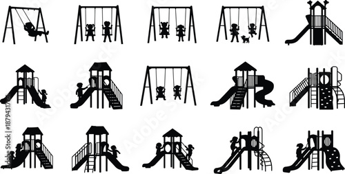 PrintCollection Of Children Playing On Playground Equipment Silhouette Vector Illustration Set With Kids On Swings And Slides For Park Recreation And School Design Projects