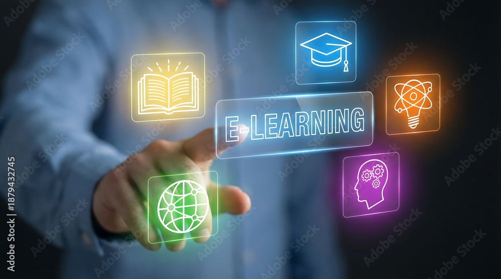 Fototapeta premium E-learning concept with icons of book, graduation cap, light bulb, head with gears, and globe on a person's hand