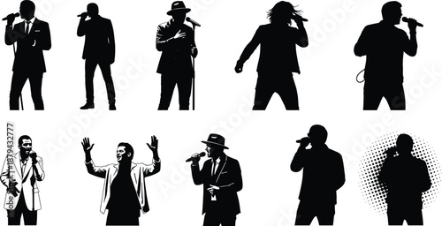 PrintSet Of Male Singer Performance Silhouette Vector Illustration With Men Holding Microphones Singing In Different Poses For Music Concert Posters And Event Entertainment Design