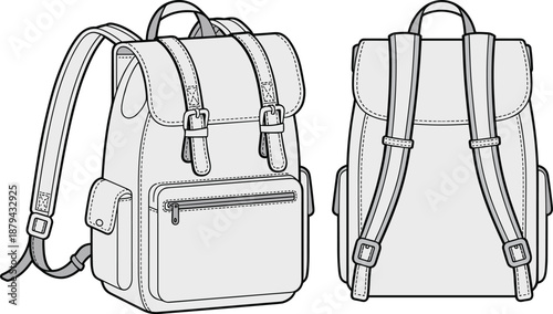 School backpack cad drawing, flat vector illustration, front and back view, detailed line art, modern student bag design