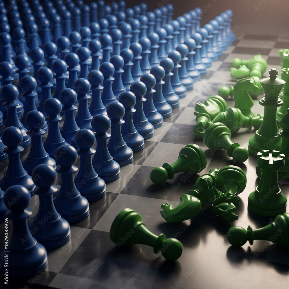 Fototapeta premium Chess board showing a defeated army, symbolizing business strategy, competition, and victory. Corporate concept background.