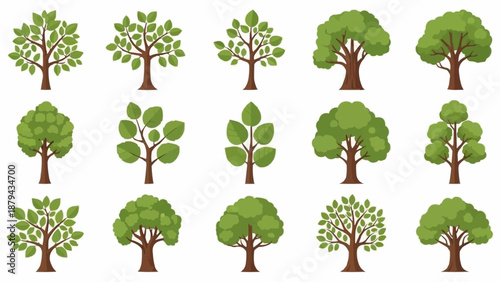 Collection of stylized green trees with brown trunks.