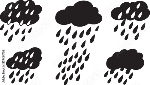 Black rain clouds with raindrops on white background illustration