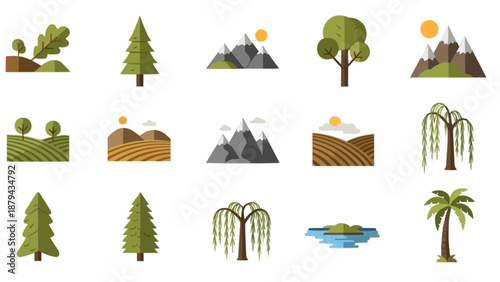 Collection of stylized natural landscape icons and illustrations.