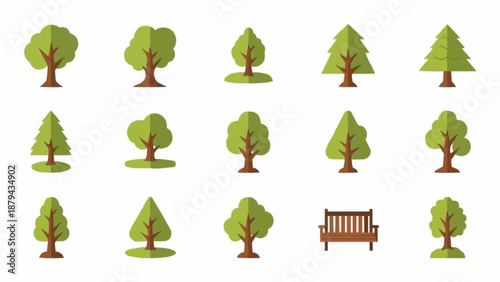 Collection of stylized green trees and park bench illustrations.