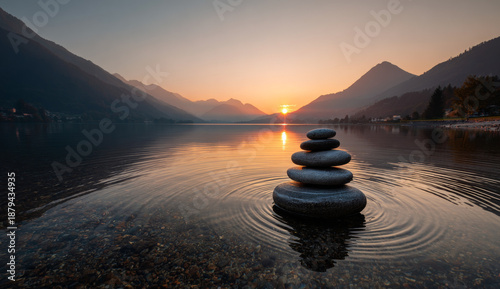 Serene tranquil lake at sunrise with calm water reflecting the warm glow of the rising sun and surrounding misty mountains