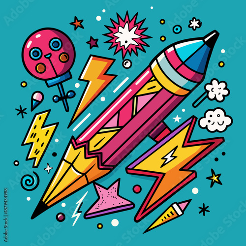 Childlike crayon lightning and stars, rebel punk collage doodles, naive hand-drawn style, messy scribbles, playful chaos, rough texture, vector illustration
