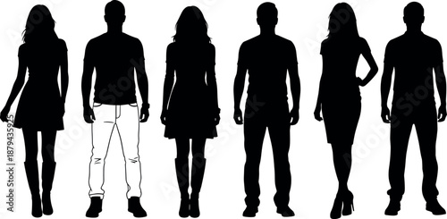 Set of diverse young fashion men and women silhouettes standing in stylish casual clothing isolated on a white background vector