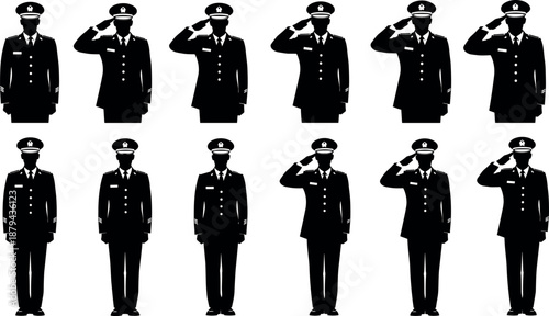 Set of silhouette military officers in formal uniform standing at attention and performing hand salute gesture isolated on white background