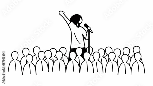A person speaking into a microphone while standing in front of a crowd with their arm raised