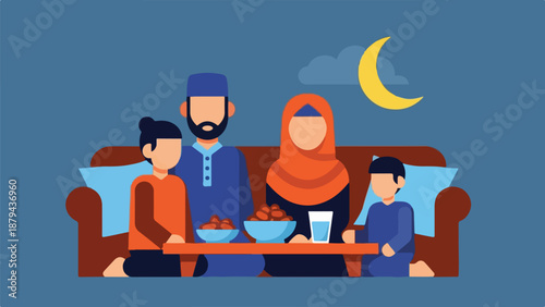 A Muslim family gathers on a couch for iftar during Ramadan with a bowl of dates and drinks.