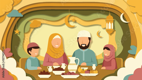 Family eating together on floor cushions in a traditional Middle Eastern home during iftar.