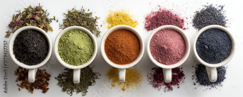 Set of five white ceramic cups filled with various colorful tea leaves and herbs, arranged on a white surface, showcasing different textures and vibrant hues for herbal tea blends