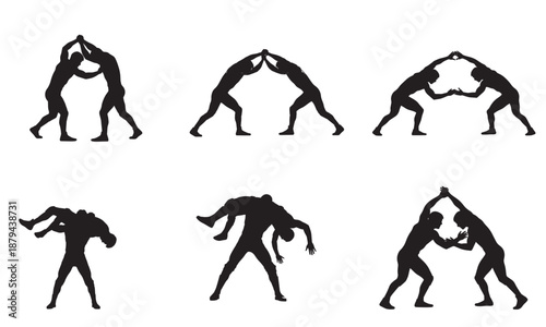 Six silhouettes of wrestlers in grappling and lifting poses in black and white vector art