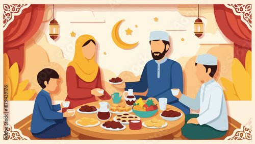 A Muslim family gathers around a table to break their fast during Ramadan with traditional food and drinks.