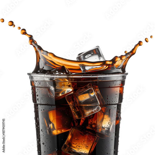 Ice cubes splashing in cold soda drink transparent background