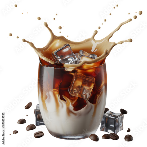 Iced coffee drink with ice cubes and coffee beans splashing in a glass transparent background
