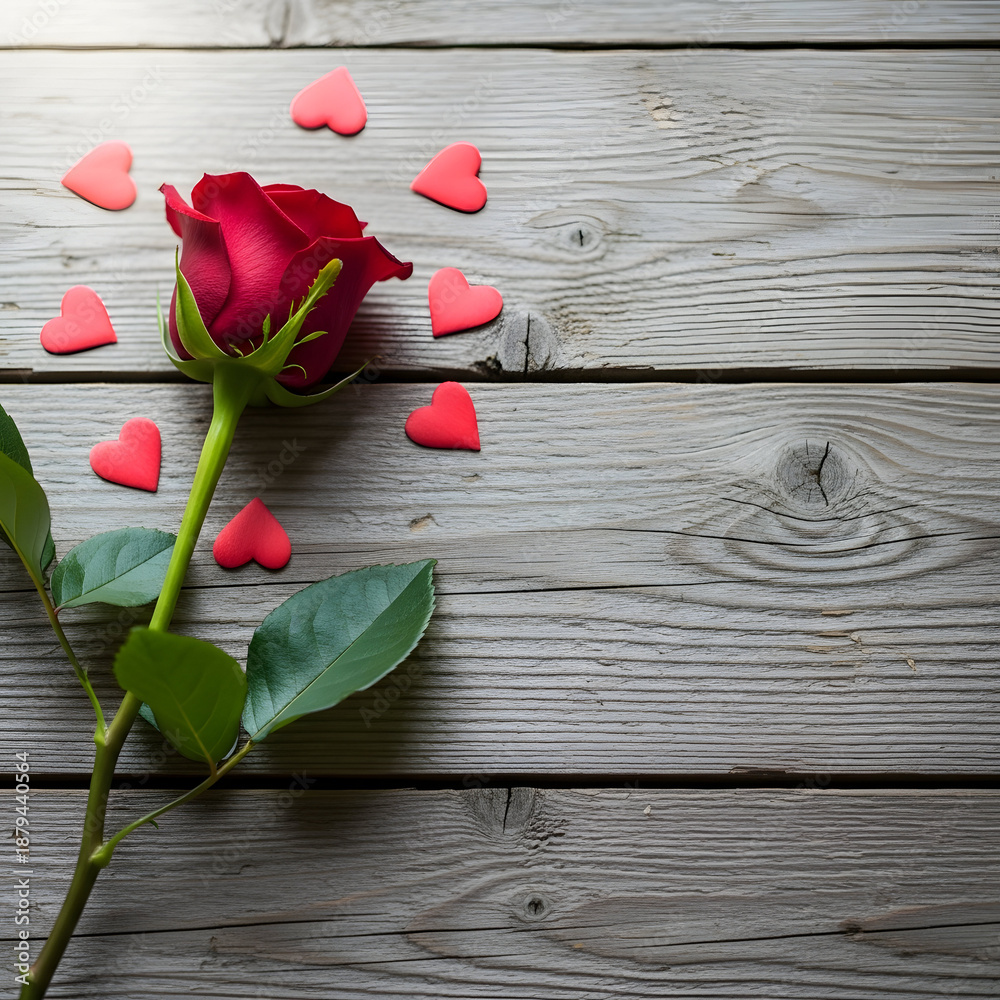 Fototapeta premium Romantic red rose with pink heart shaped confetti on wooden background
