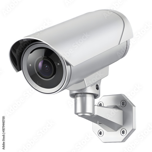 Silver security camera with black lens on mount  surveillance technology transparent background