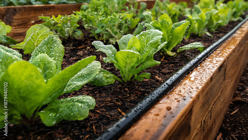 Fresh Organic Lettuce Growing in Wooden Raised Bed with Drip Irrigation and Morning Dew