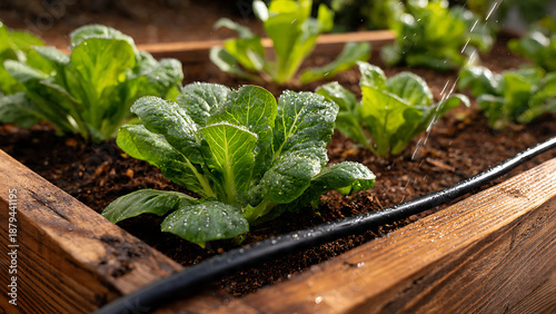 Sustainable Urban Farming: Lush Green Lettuce Growing in Wooden Raised Beds with Drip Irrigation