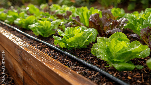Organic Romaine Lettuce Growing in Wooden Raised Beds with Drip Irrigation System