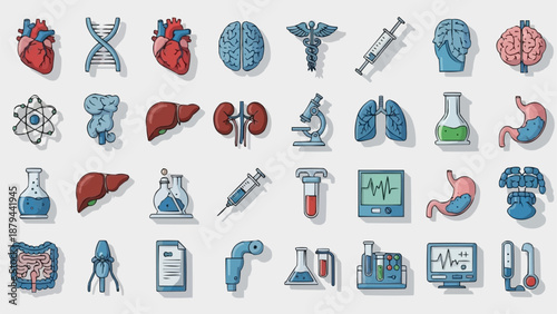 Medical science icons representing human organs and scientific equipment.