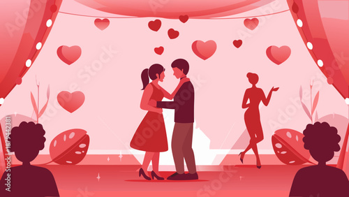 Valentine's day party scene with couple dancing surrounded by hearts and silhouettes of people festive atmosphere