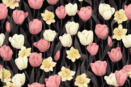 Variety of vibrant floral arrangements with tulip, daffodils and rose. Bright flowers, colorful blooms, Floral element isolated on black background, botanical illustration.