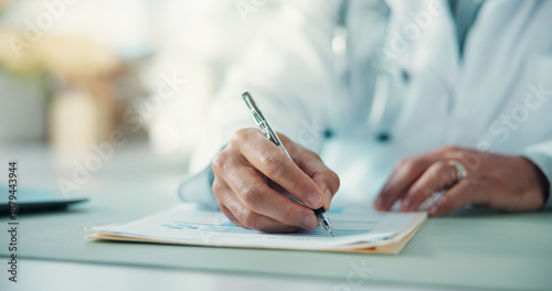 Cuadro en lienzo Hands, doctor and writing prescription at hospital in office, documents and recommendation with advice